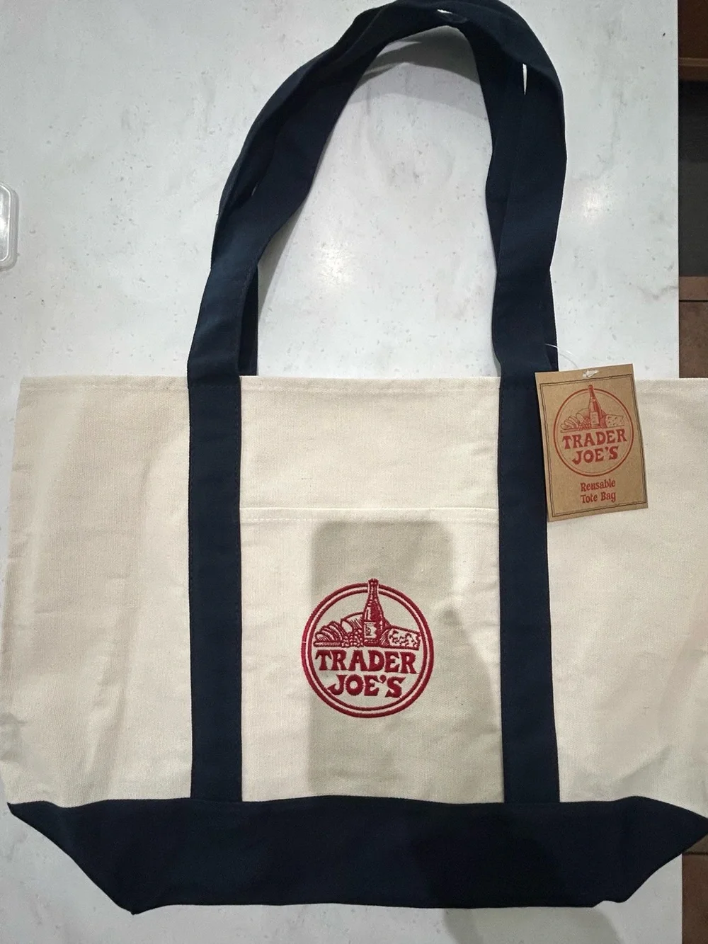 Large Trader Joe's Canvas Tote Bag in Cream with Navy Trim